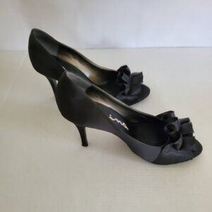 Nina Women's Open Toe Dress Pump w/ruffle - Size 6.5M - Black Satin
